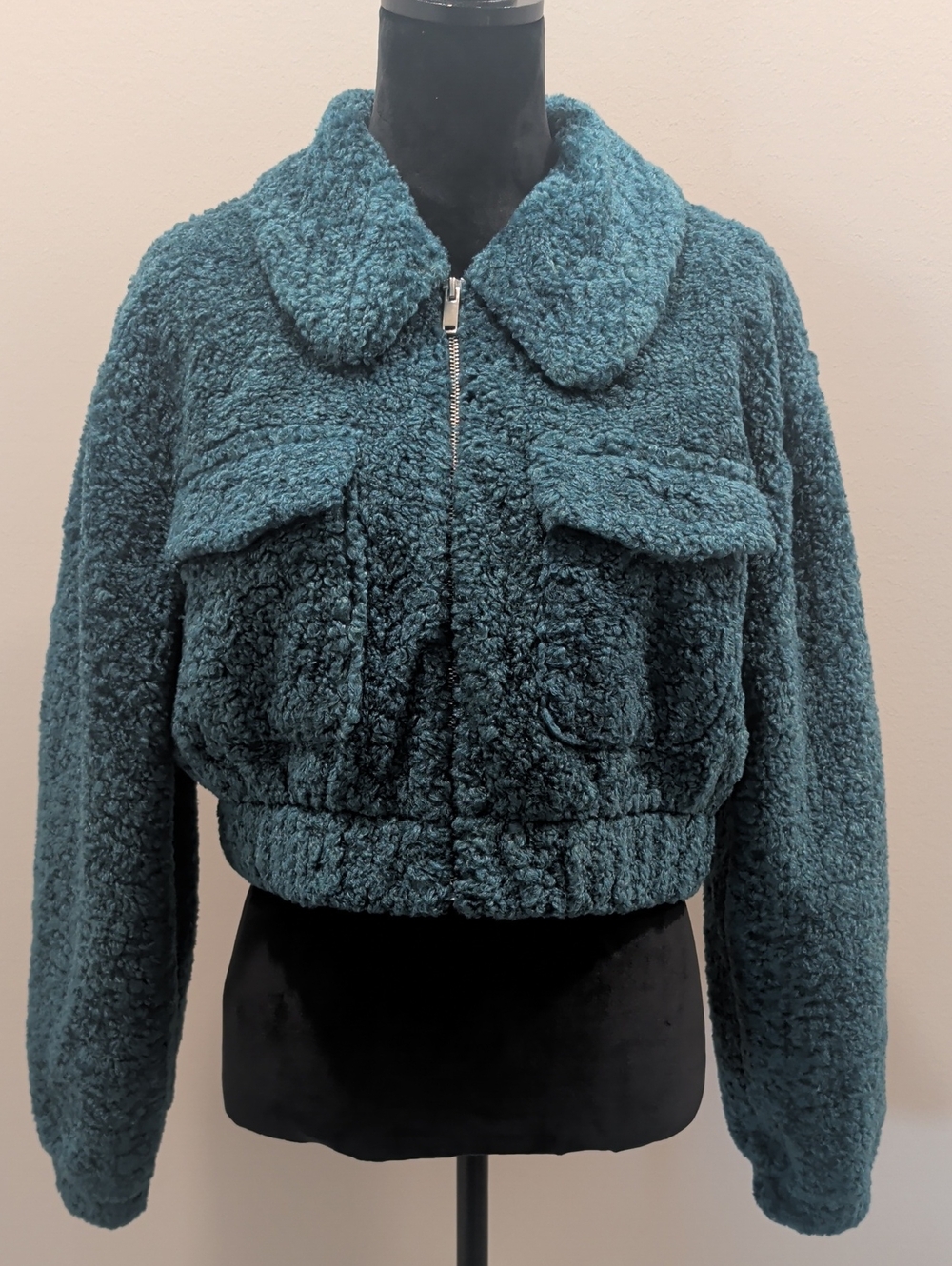 Band Of The Free Plush Zip-Up Teddy Jacket in Teal